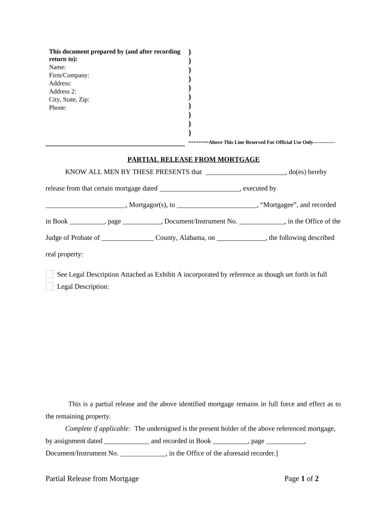 Partial Release of Property from Mortgage by Individual Holder Alabama  Form