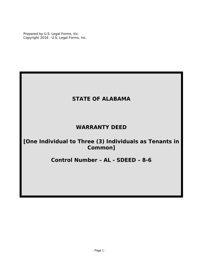Warranty Deed from One Individual to Three Individuals as Tenants in Common Alabama  Form