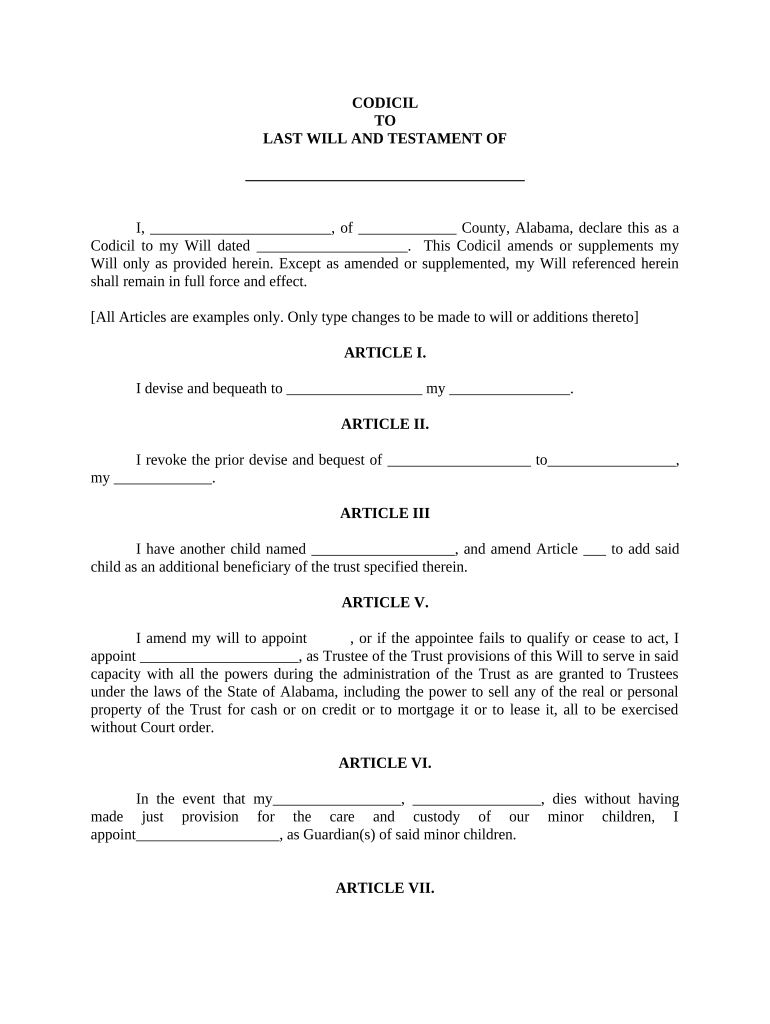 Codicil to Will Form for Amending Your Will Will Changes or Amendments Alabama