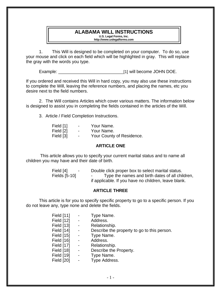 Last Will and Testament for Other Persons Alabama  Form