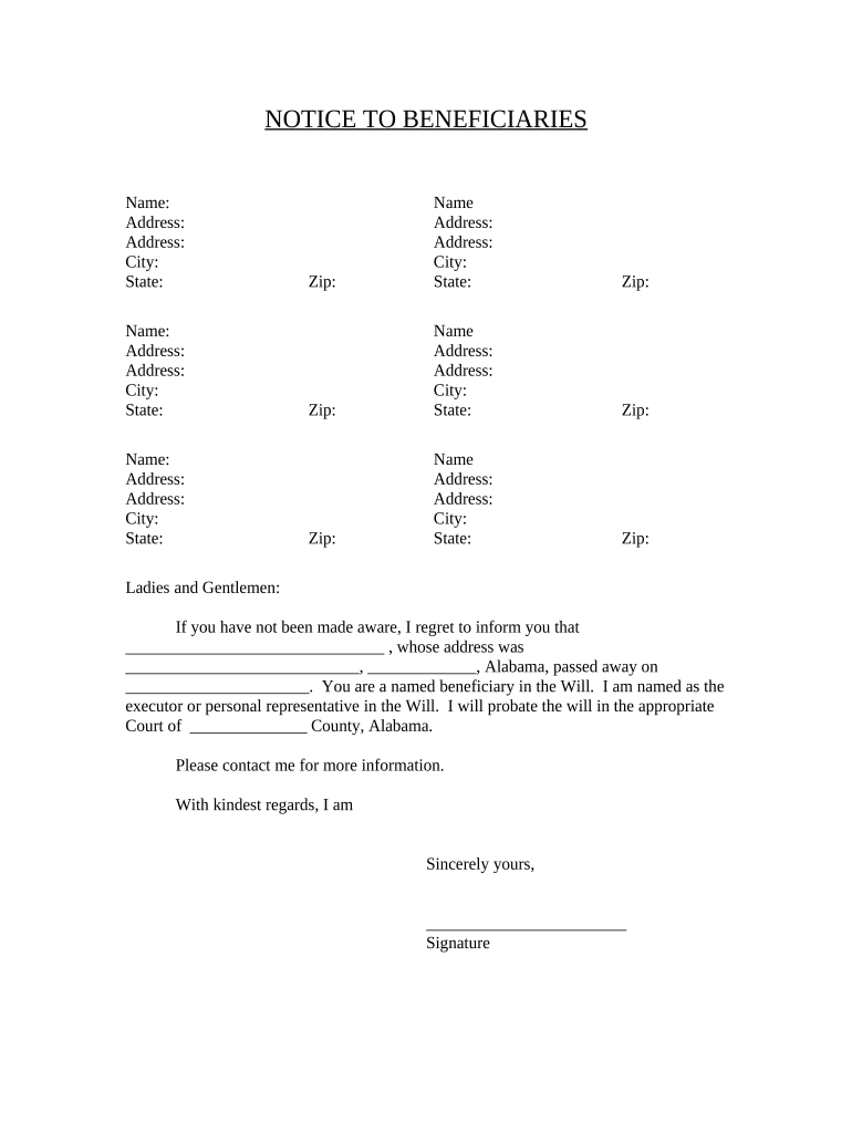 Notice to Beneficiaries of Being Named in Will Alabama  Form