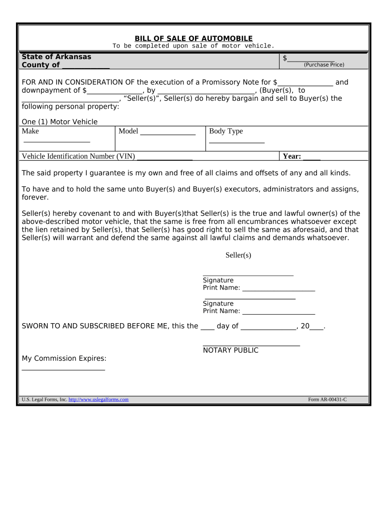 Bill of Sale for Automobile or Vehicle Including Odometer Statement and Promissory Note Arkansas  Form