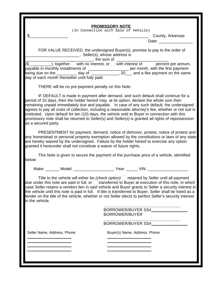 Promissory Note in Connection with Sale of Vehicle or Automobile Arkansas  Form