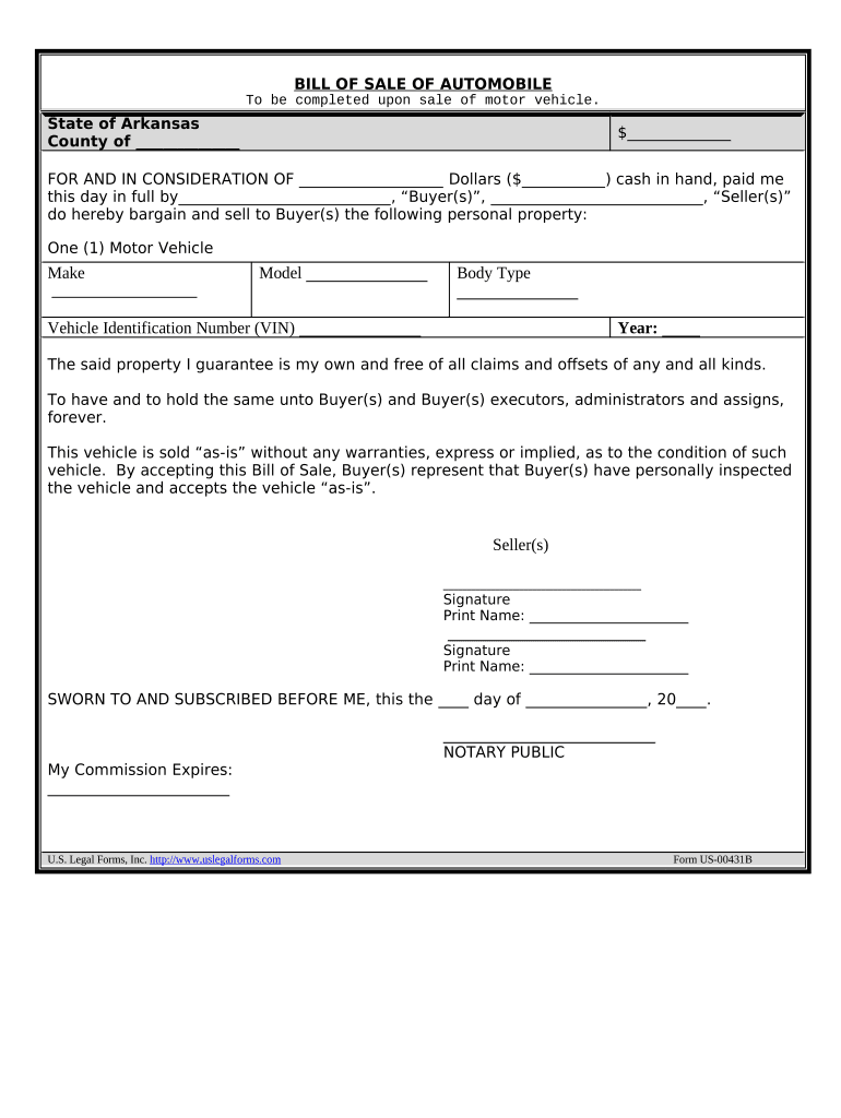 Bill of Sale of Automobile and Odometer Statement for as is Sale Arkansas  Form