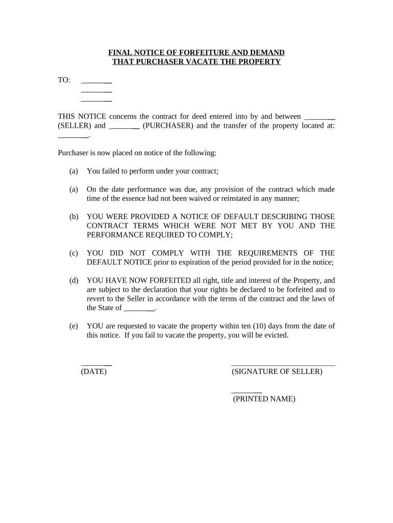 Final Notice of Forfeiture and Request to Vacate Property under Contract for Deed Arkansas  Form