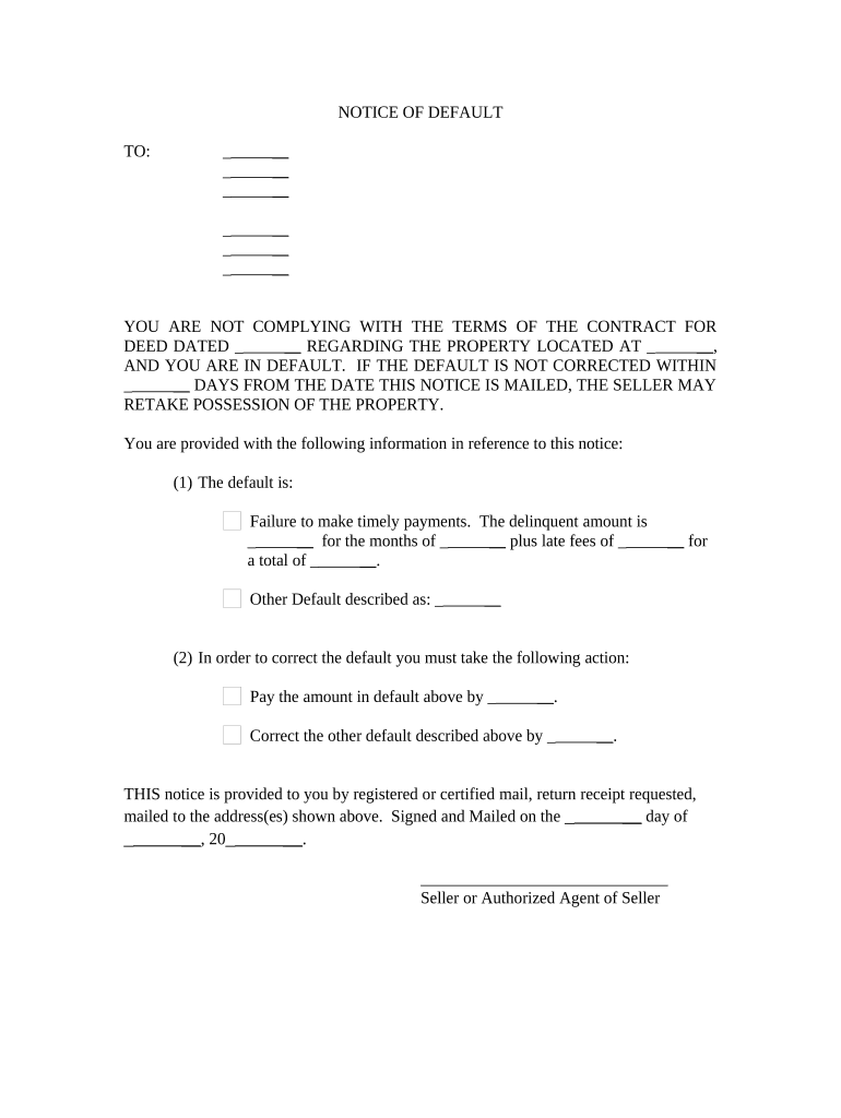 General Notice of Default for Contract for Deed Arkansas  Form