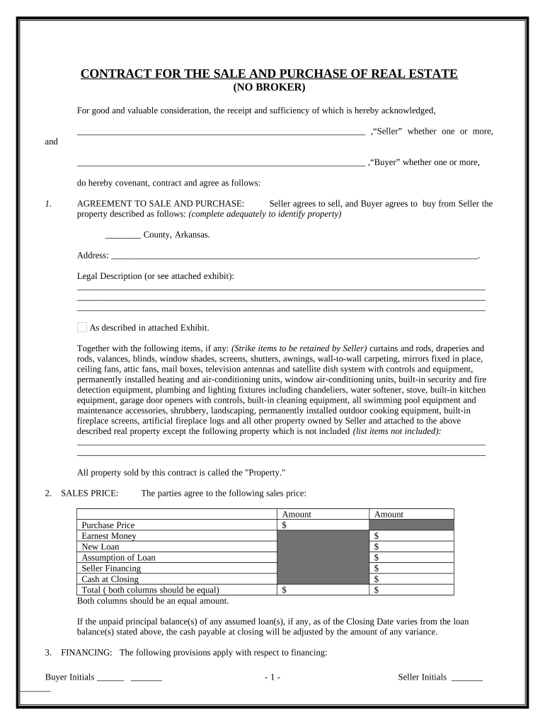 Contract for Sale and Purchase of Real Estate with No Broker for Residential Home Sale Agreement Arkansas  Form