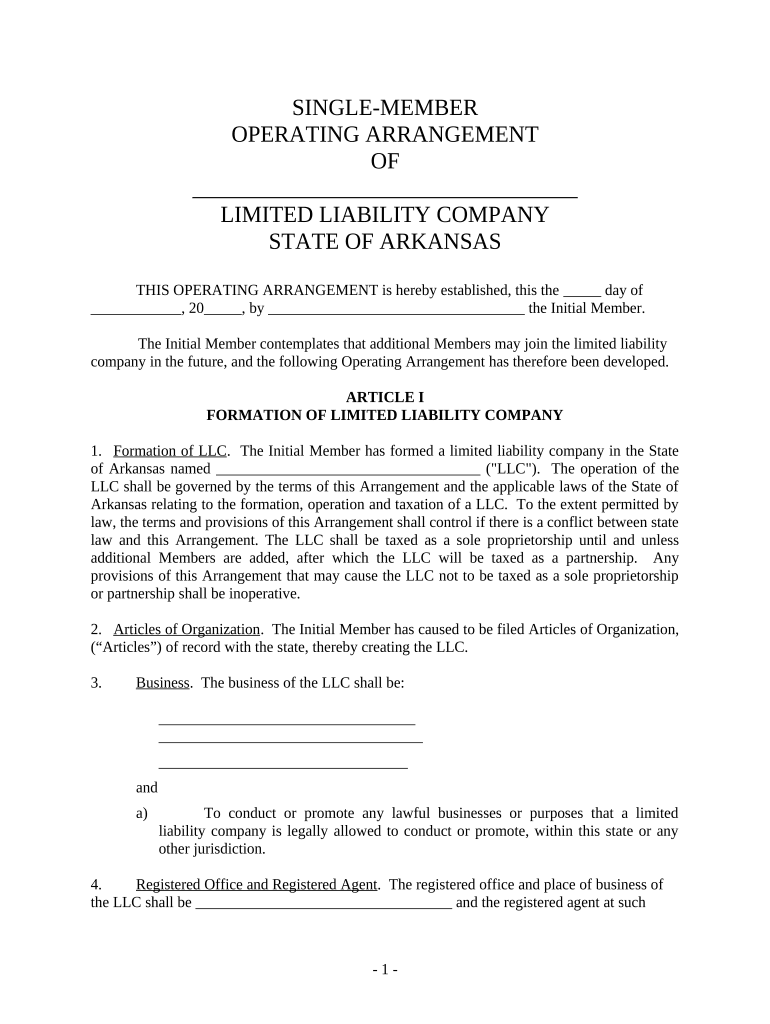 Single Member Limited Liability Company LLC Operating Agreement Arkansas  Form