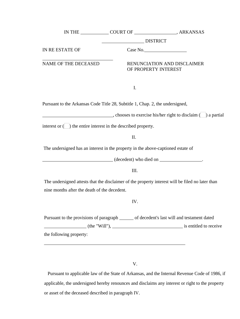 Arkansas Renunciation and Disclaimer of Property from Will by Testate Arkansas  Form