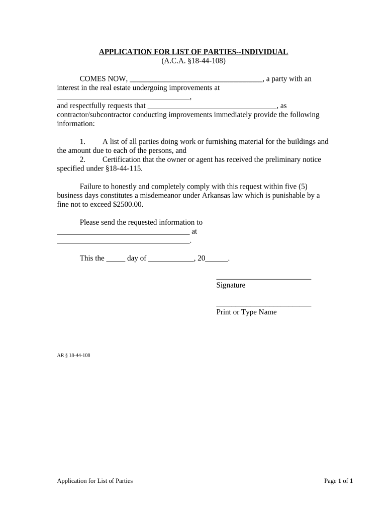Application for List of Parties Supplying Labor or Materials Individual Arkansas  Form
