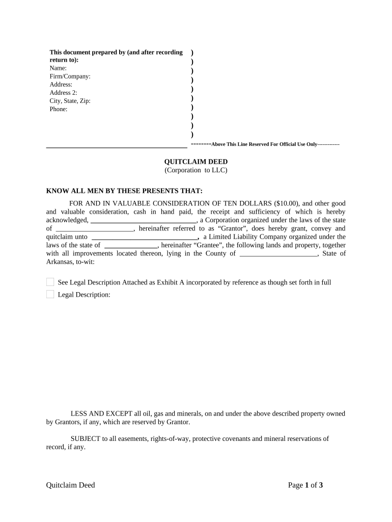 Quitclaim Deed from Corporation to LLC Arkansas  Form