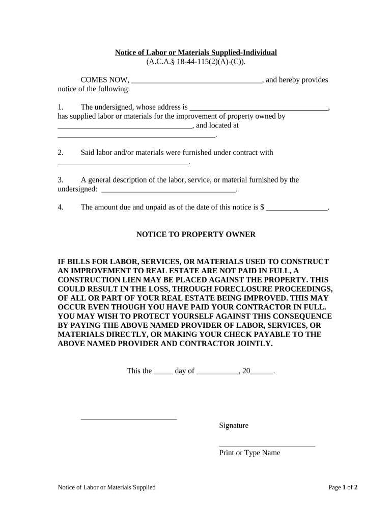 Notice of Labor or Materials Provided Individual Arkansas  Form