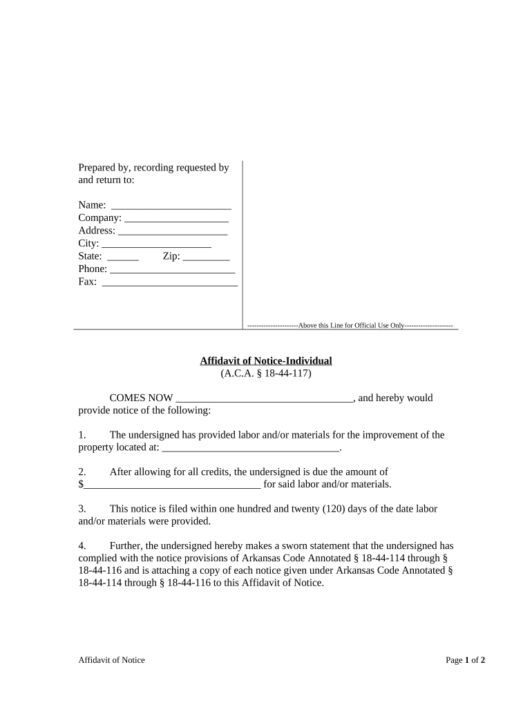 Affidavit of Lien Account Individual Arkansas  Form