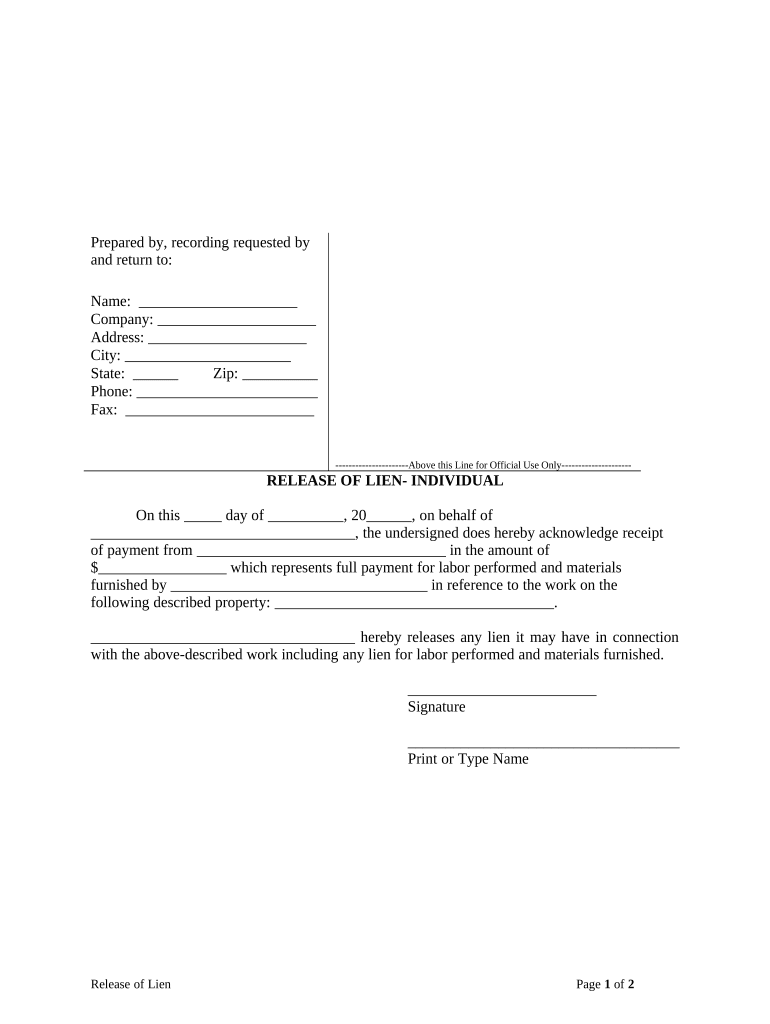 Release of Lien Individual Arkansas  Form