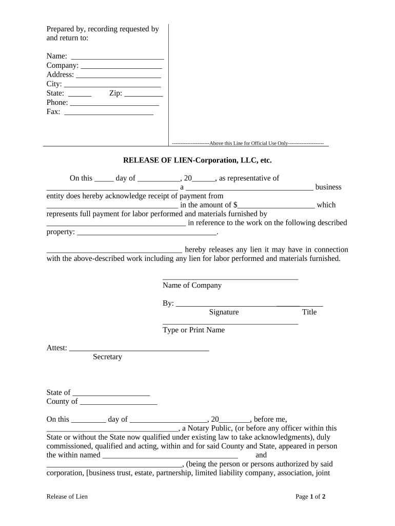 Release of Lien Corporation or LLC Arkansas  Form