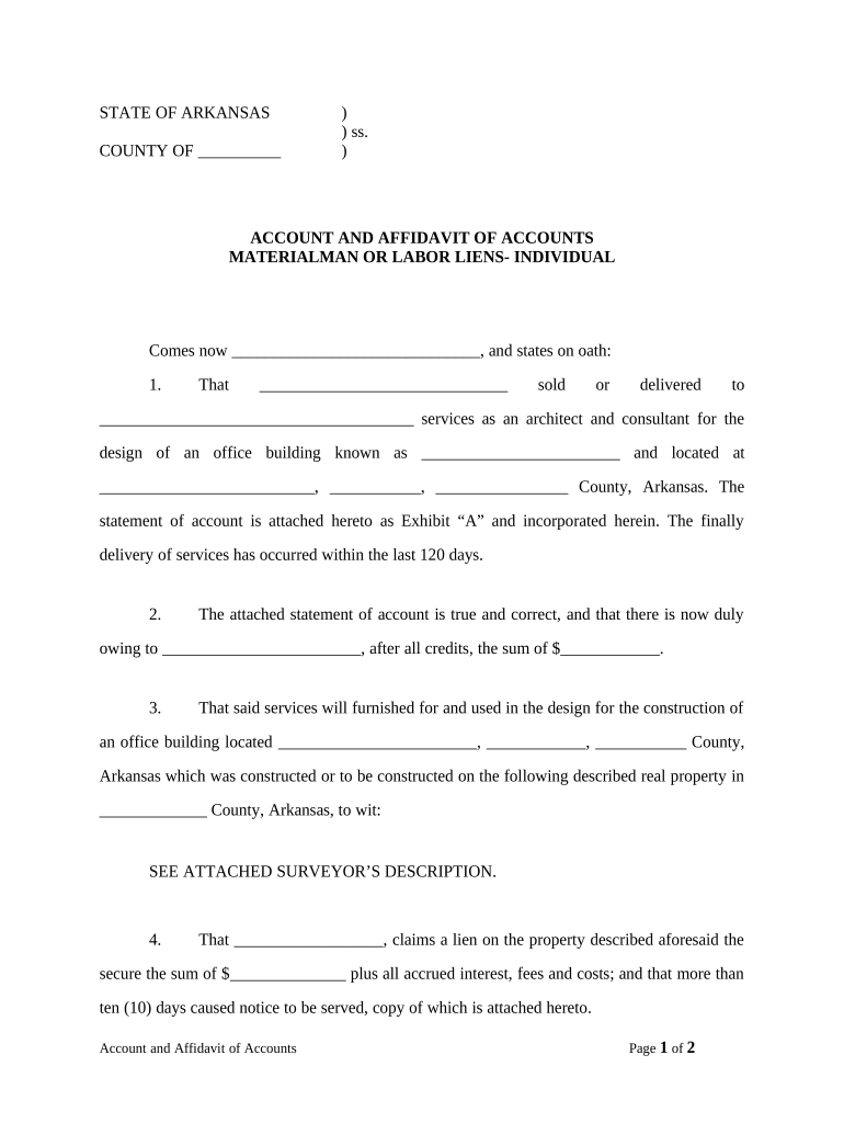 Account and Affidavit of Accounts Claiming Materialman or Labor Lien for Architect by Individual Arkansas  Form