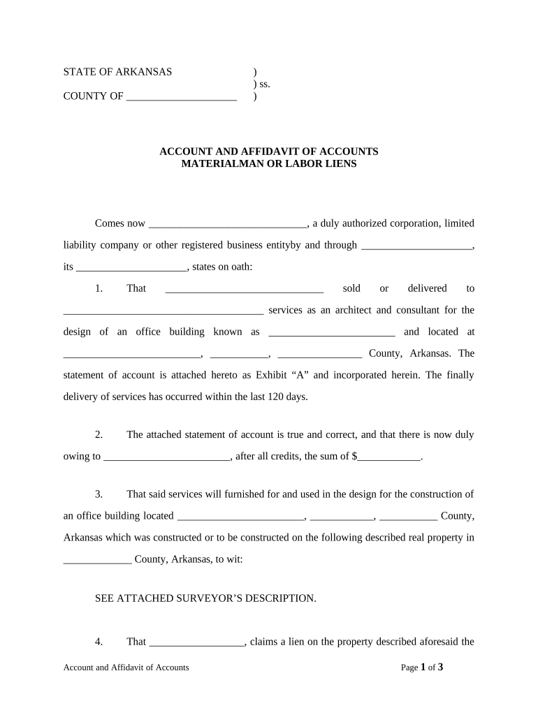 Account and Affidavit of Accounts Claiming Materialman or Labor Lien for Architect by Corporation or LLC Arkansas  Form