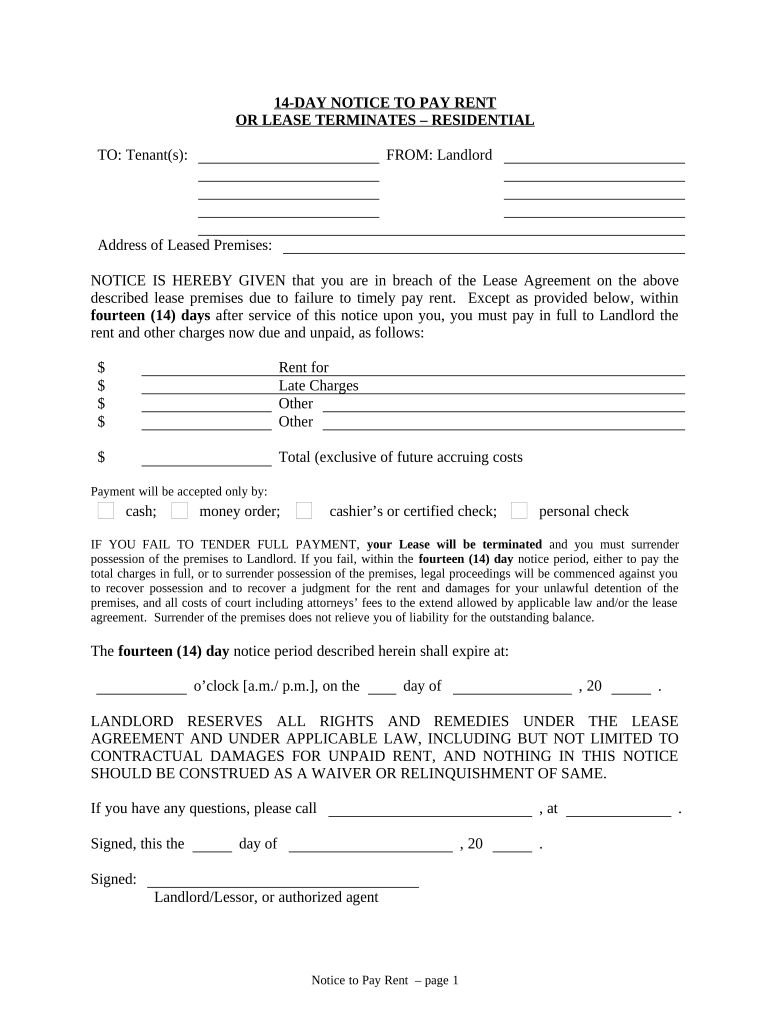 14 Day Notice to Pay Rent or Lease Terminates for Residential Property Arkansas  Form