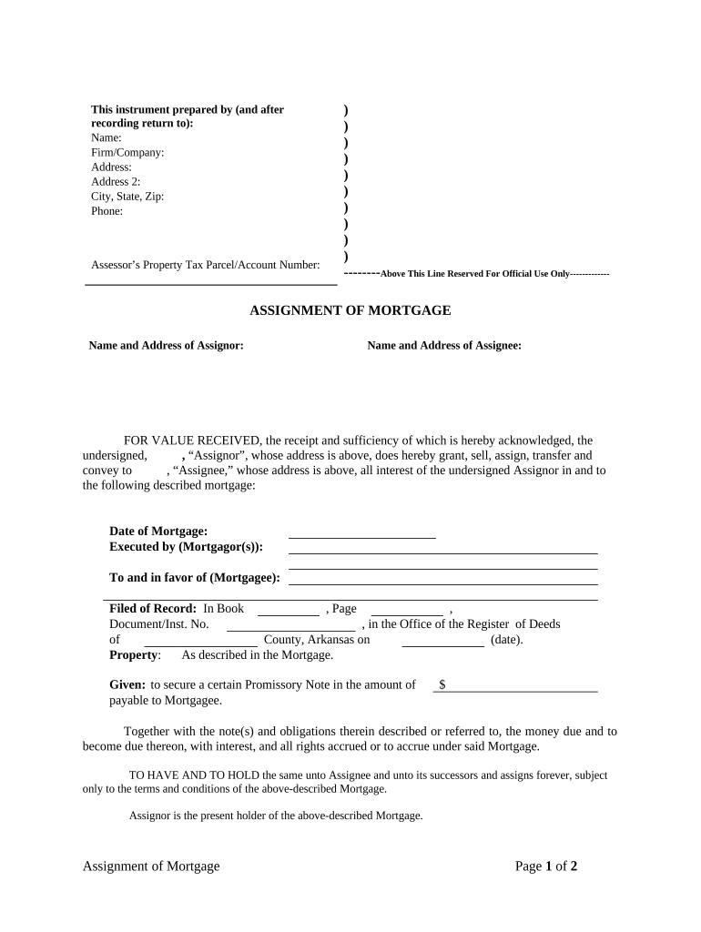 Assignment of Mortgage by Individual Mortgage Holder Arkansas  Form