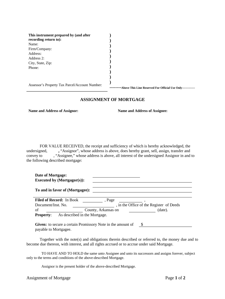 Assignment of Mortgage by Corporate Mortgage Holder Arkansas  Form