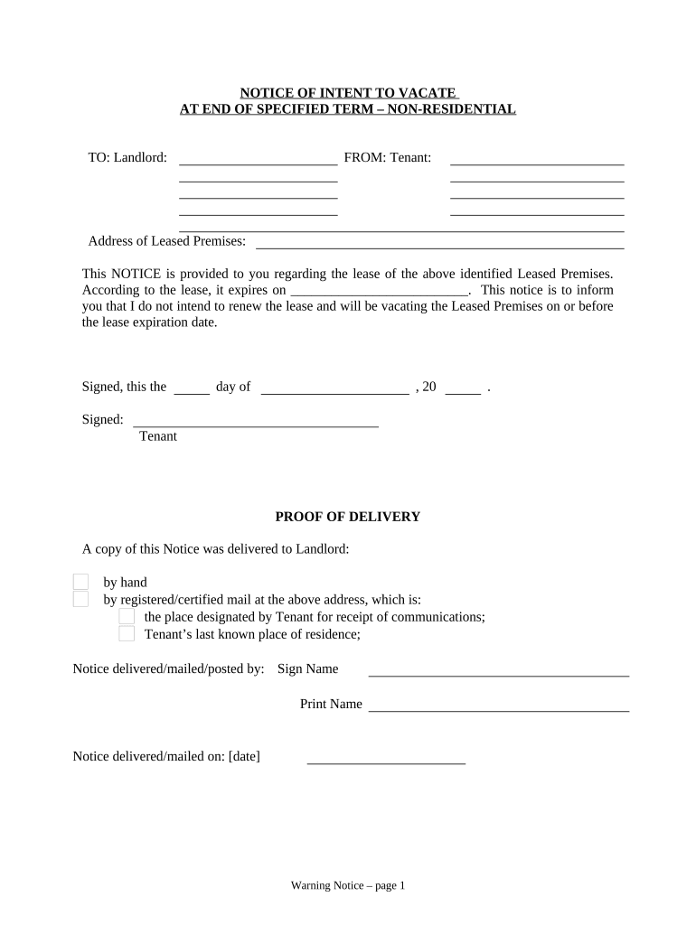 Notice of Intent to Vacate at End of Specified Lease Term from Tenant to Landlord Nonresidential Arkansas  Form