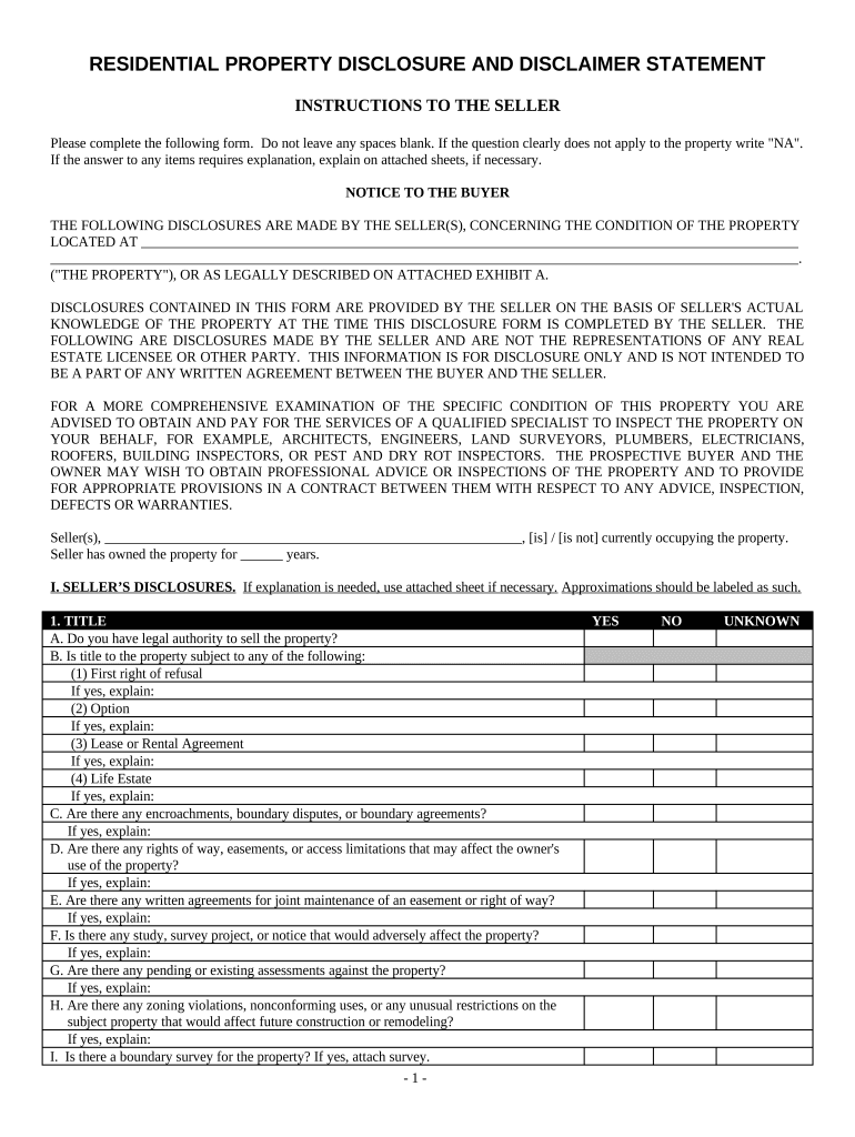 Residential Real Estate Sales Disclosure Statement Arkansas  Form