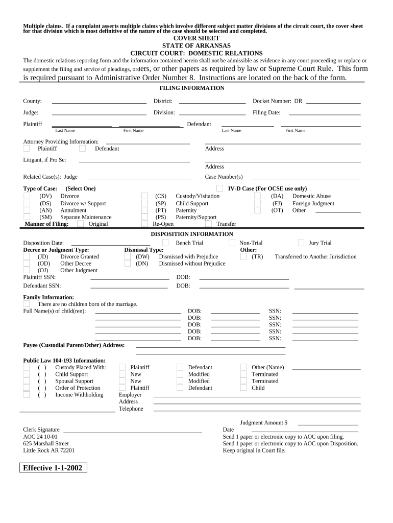Civil Cover Sheet with Instructions with or Without Children Arkansas  Form