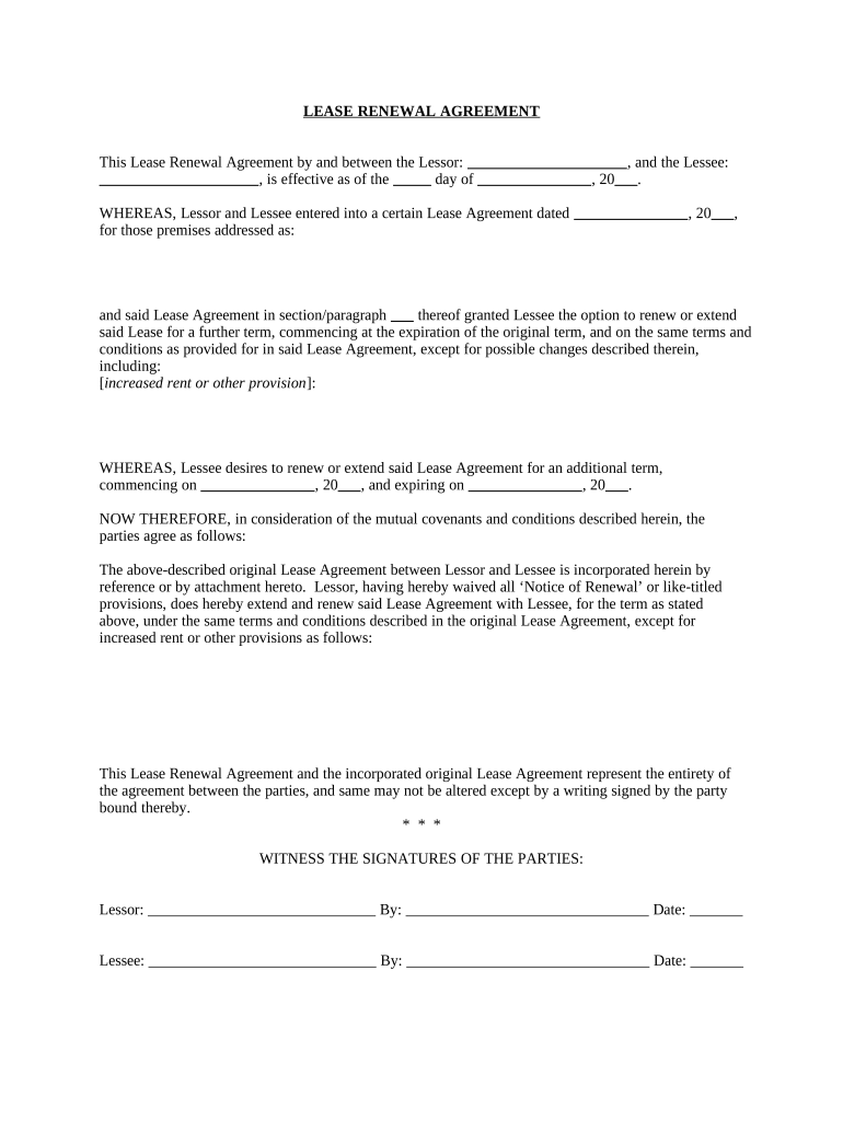 Residential Lease Renewal Agreement Arkansas  Form