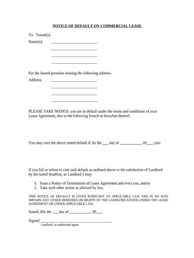 Letter from Landlord to Tenant as Notice of Default on Commercial Lease Arkansas  Form