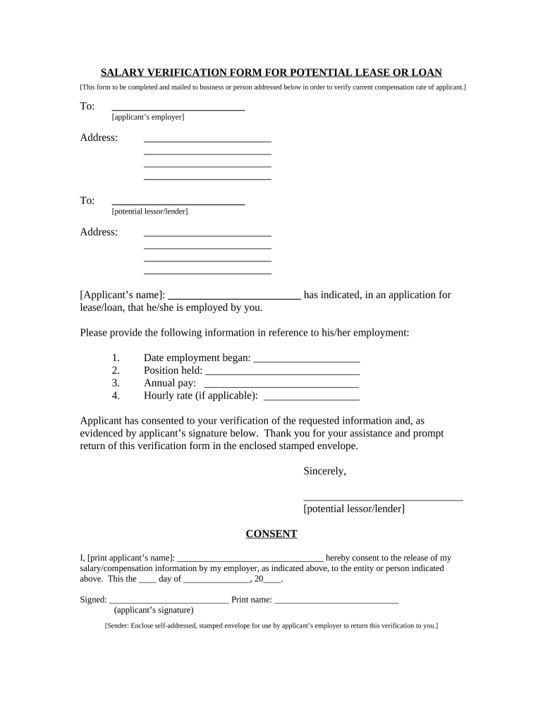 Salary Verification Form for Potential Lease Arkansas