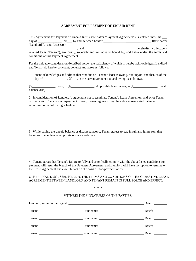 Agreement for Payment of Unpaid Rent Arkansas  Form