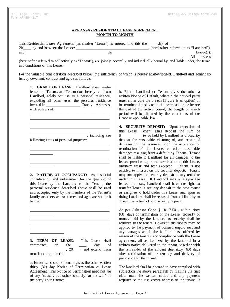 Residential Lease or Rental Agreement for Month to Month Arkansas  Form