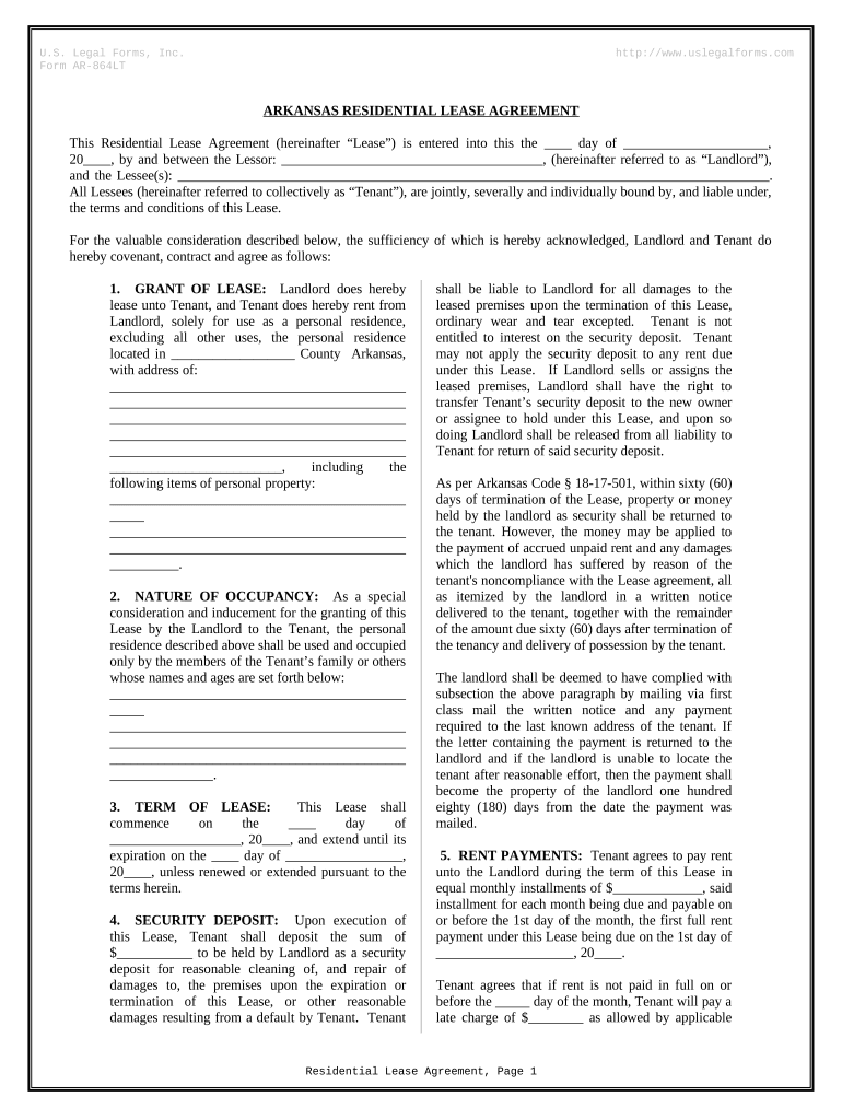 Residential Rental Lease Agreement Arkansas  Form