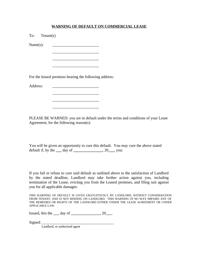 Warning of Default on Commercial Lease Arkansas  Form