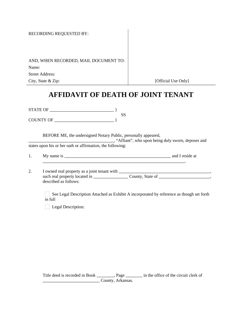 Affidavit of Death of Joint Tenant Arkansas  Form