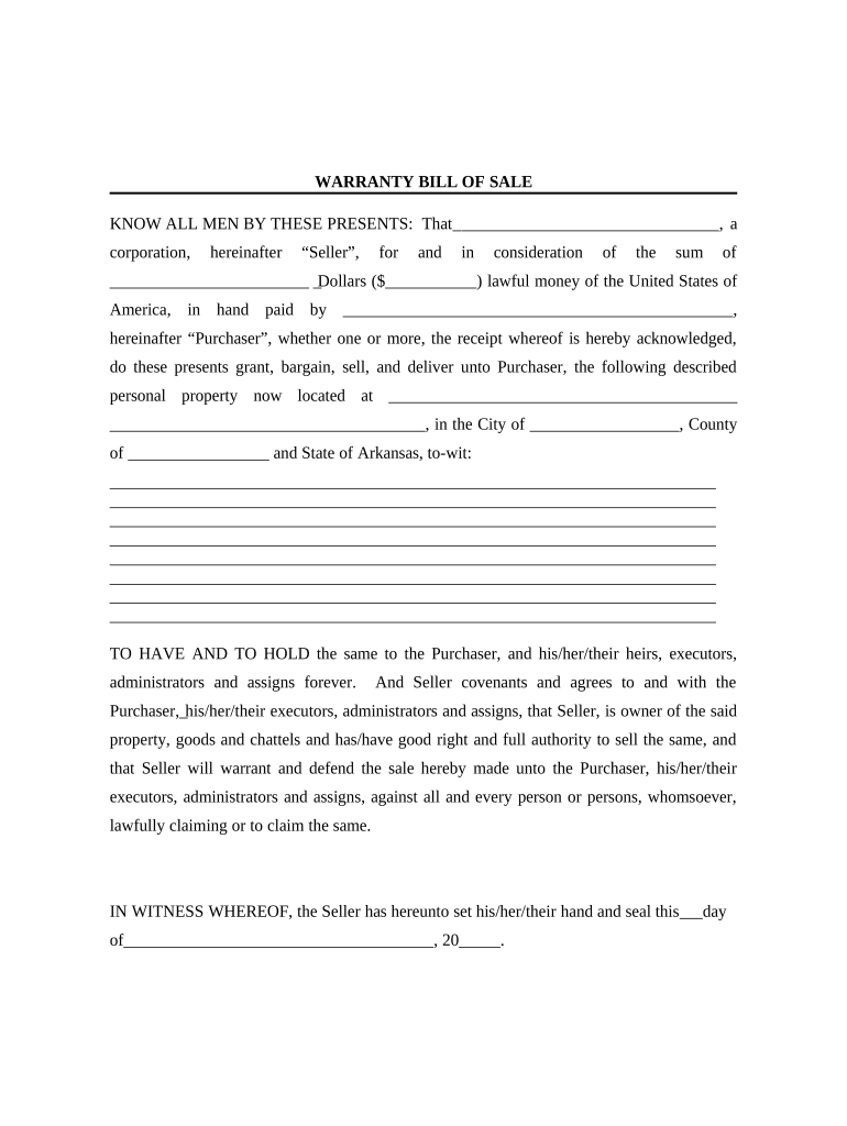 Bill of Sale with Warranty for Corporate Seller Arkansas  Form