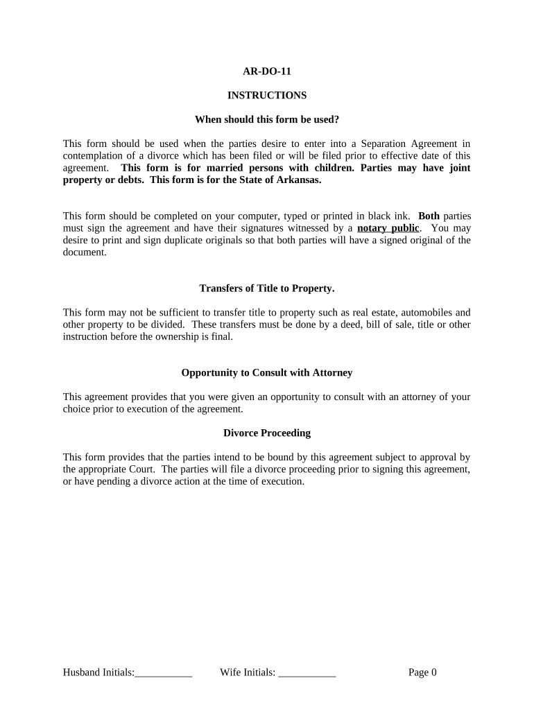 Marital Legal Separation and Property Settlement Agreement Where Minor Children and Parties May Have Joint Property or Debts and  Form