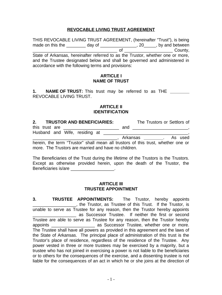 Living Trust for Husband and Wife with No Children Arkansas  Form