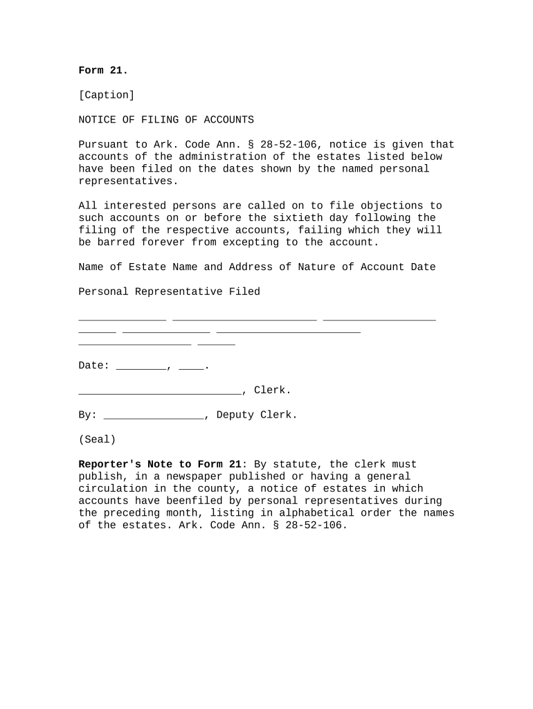 Notice of Filing of Accounts Arkansas  Form