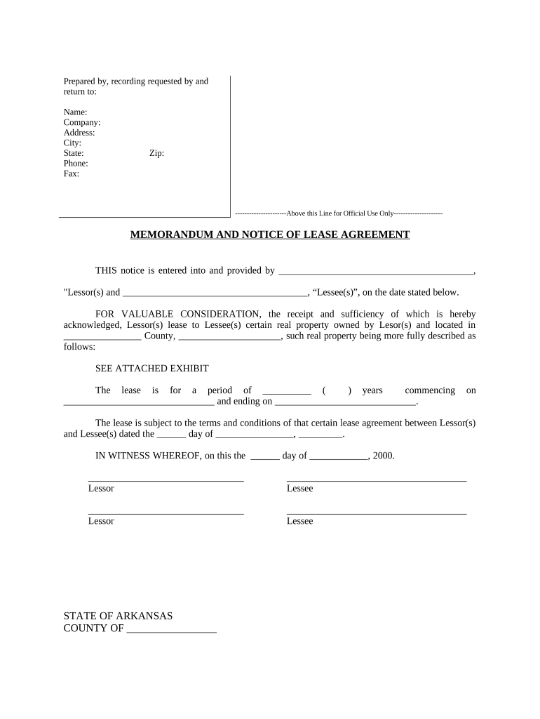 Notice of Lease for Recording Arkansas  Form