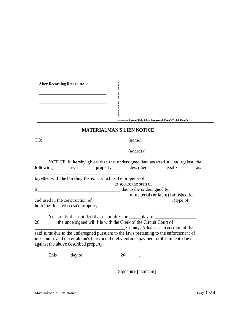 Materialman's Lien Notice General Arkansas  Form