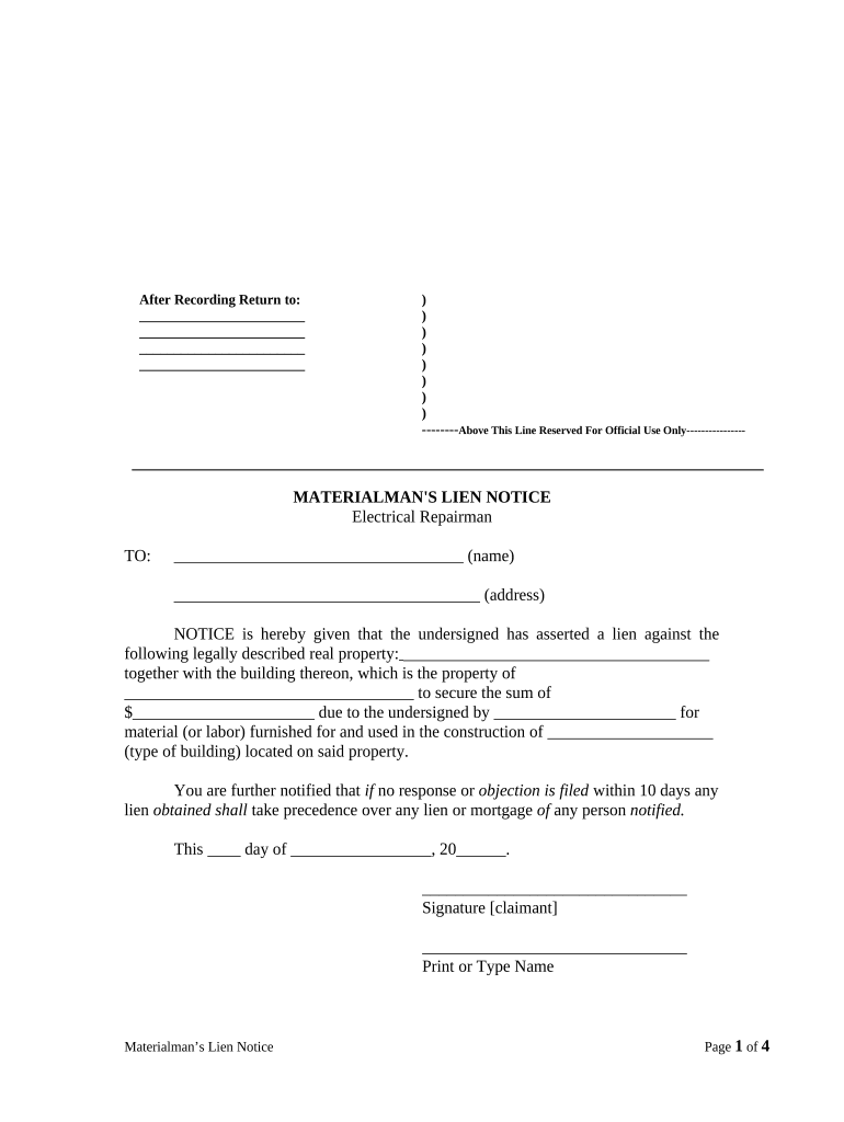 Materialman's Lien Notice Electrical Arkansas  Form