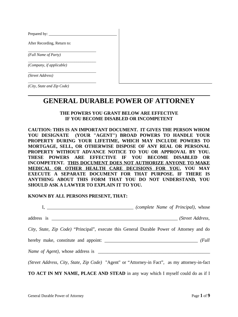 General Durable Power of Attorney for Property and Finances or Financial Effective Upon Disability Arkansas  Form