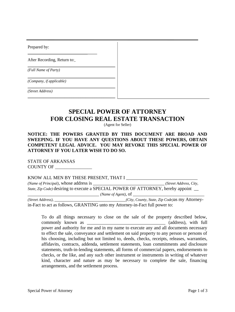 Special or Limited Power of Attorney for Real Estate Sales Transaction by Seller Arkansas  Form