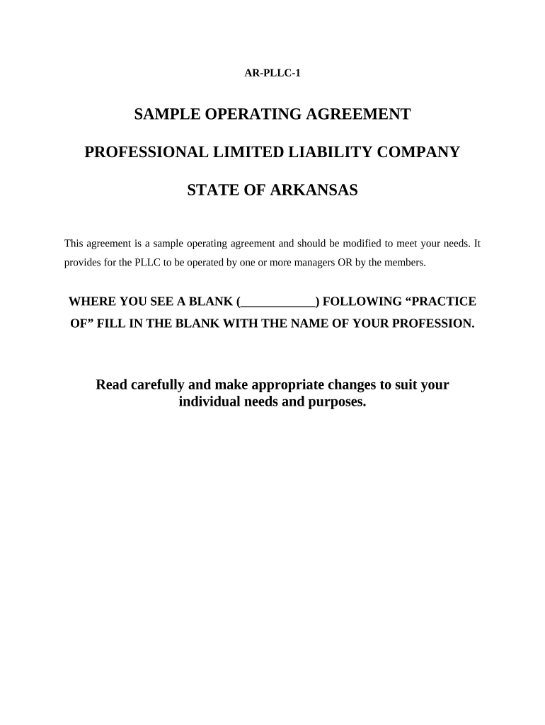 Sample Operating Agreement for Professional Limited Liability Company PLLC Arkansas  Form