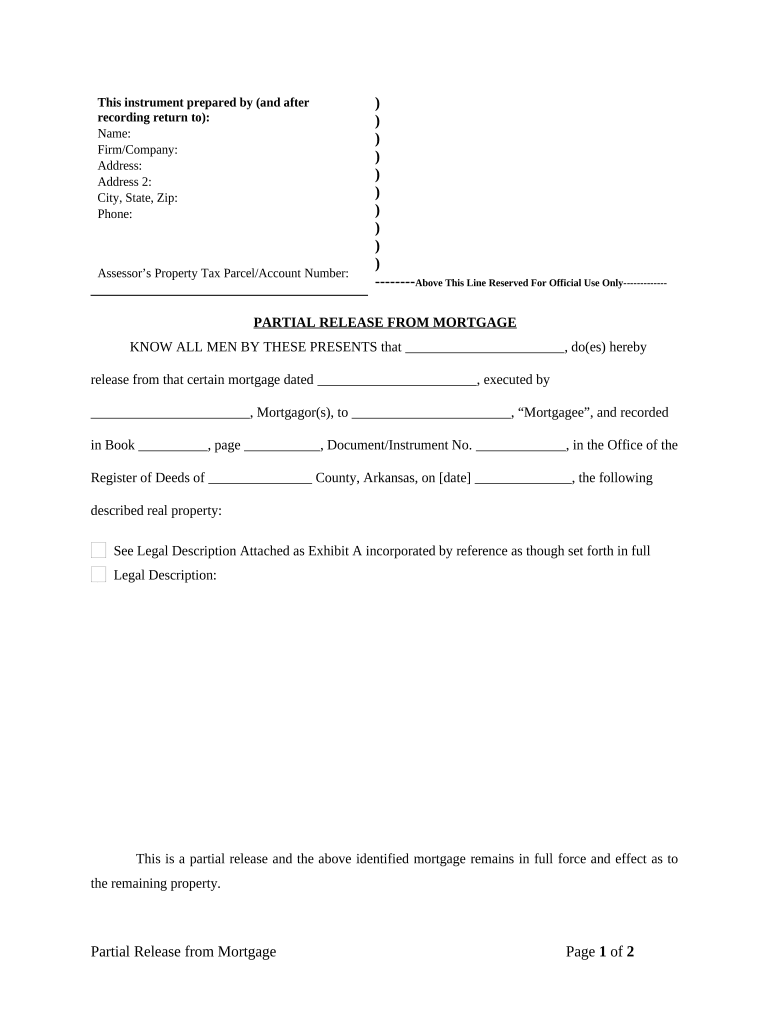 Partial Release of Property from Mortgage by Individual Holder Arkansas  Form