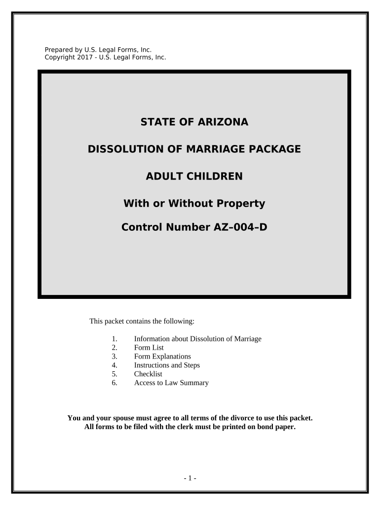 No Fault Uncontested Agreed Divorce Package for Dissolution of Marriage with Adult Children and with or Without Property and Deb  Form