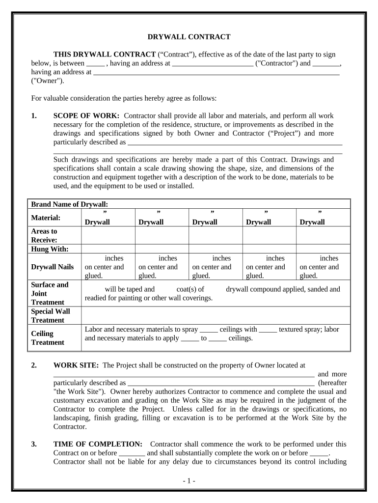 Sheetrock Drywall Contract for Contractor Arizona  Form