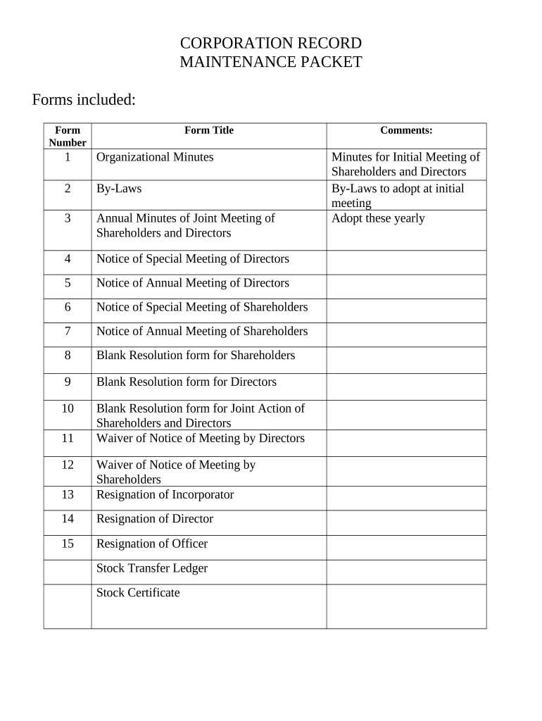 Corporate Records Maintenance Package for Existing Corporations Arizona  Form