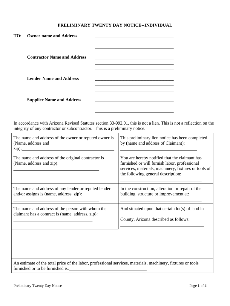 Fill and Sign the Preliminary 20 Day Notice Form